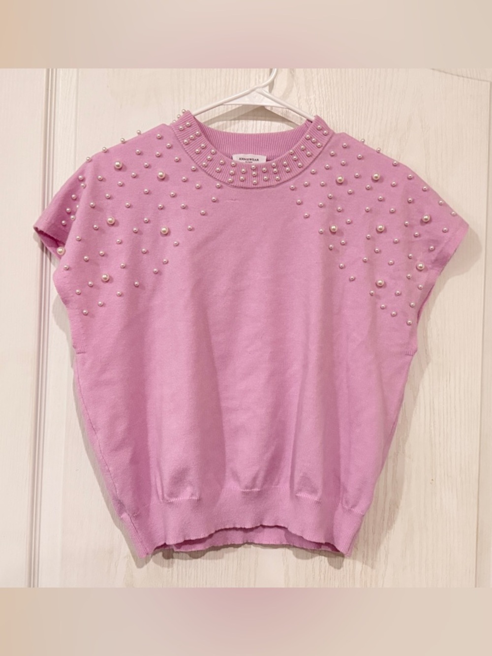 FINAL PRICE AnnieWear Lavender Pearl-Embellished Cap-Sleeve Sweater